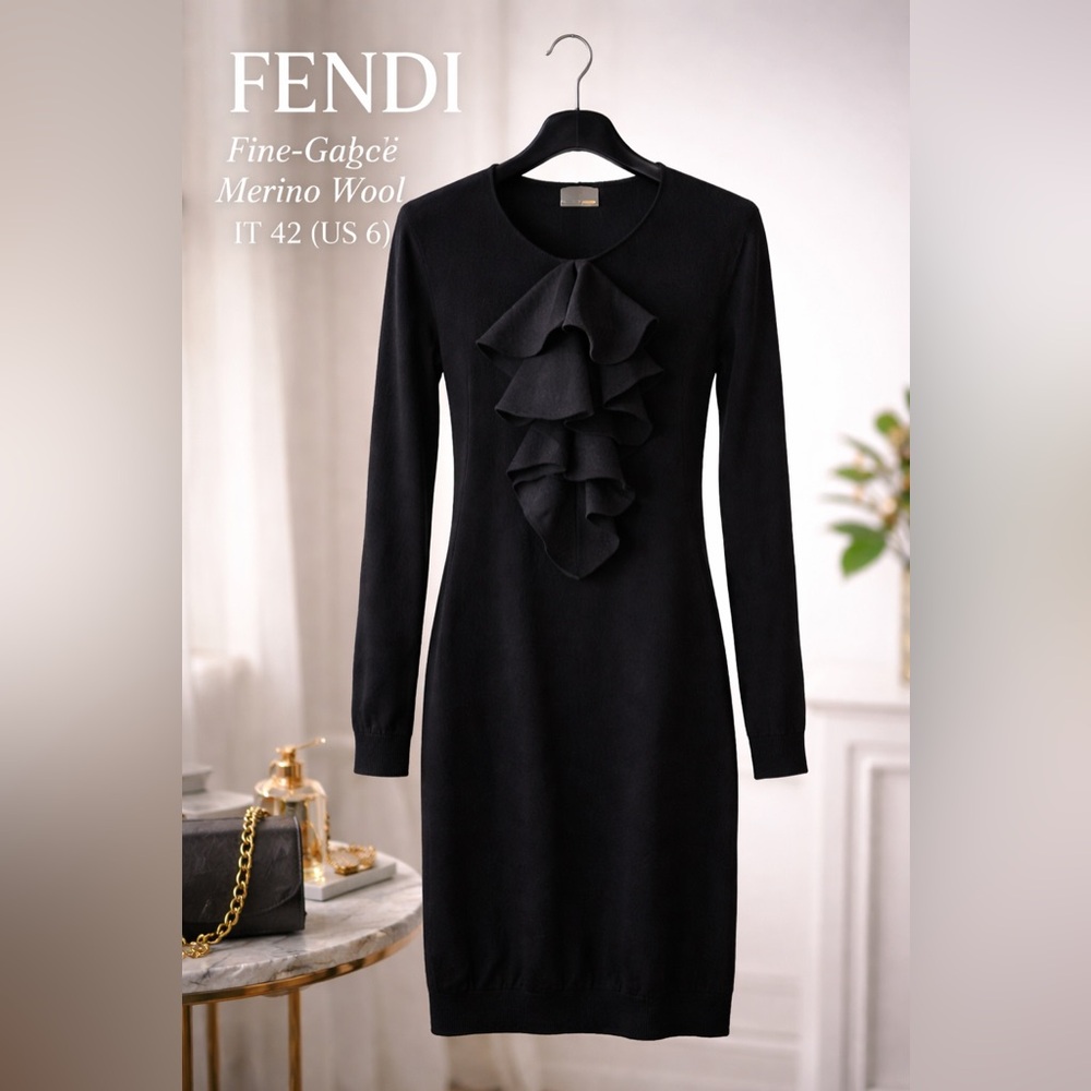 FENDI Black fine gauge merino wool cashmere blend sweater dress sz S IT 42 6